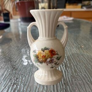 Cream Ceramic Double-Handled Vase with Yellow Floral Motif